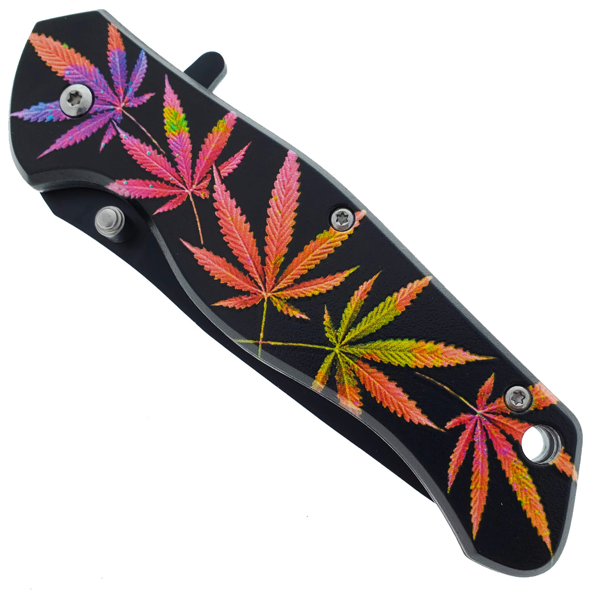 7.5" Spring Assisted Pocket Knife Purple Marijuana Leaf Handle