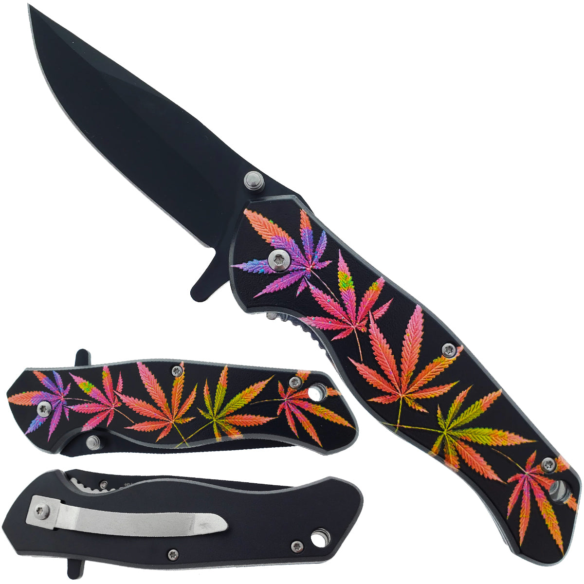 7.5" Spring Assisted Pocket Knife Purple Marijuana Leaf Handle