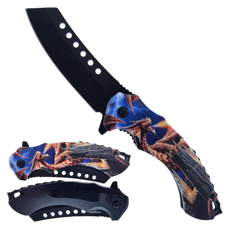 8" Blue & Red Dragon Spring Assisted Knife