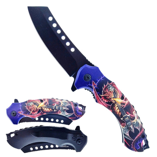 8" Red & Blue Dragon Spring Assisted Knife