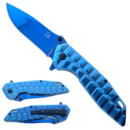 3 3/4" blade 8" overall length spring assisted knife-blue