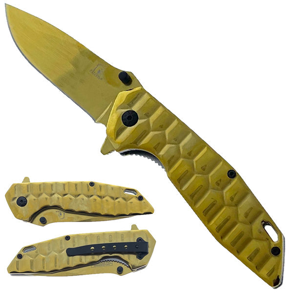 3 3/4" blade 8" overall length spring assisted knife-gold