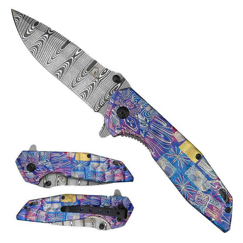 Falcon 8 1/2" Damascus Spring Assisted Pocket Knife