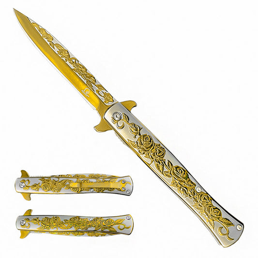 Falcon 4" Gold Rose Blade / Gold Rose Handle / Assisted Knife 5" Gold Titanium Handle