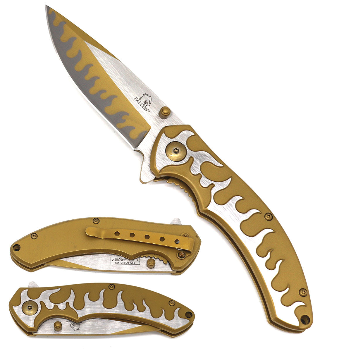 Falcon 8" Gold Stainless Blade Spring Assisted Knife