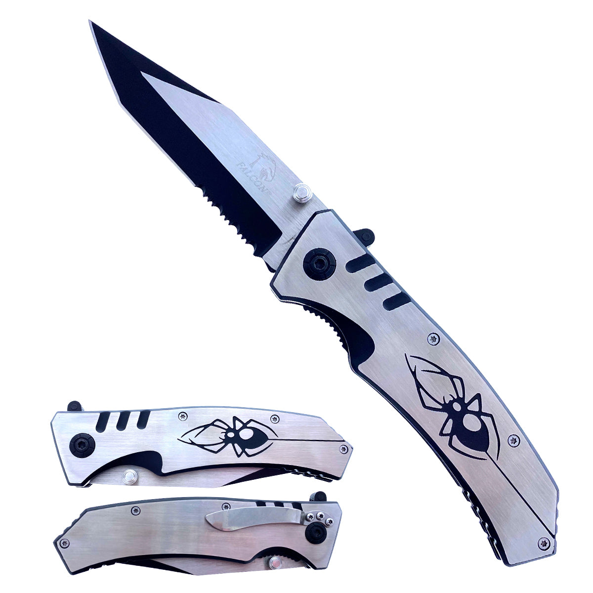 Falcon 8" Spring Assisted Knife Black Widow Design on Handle