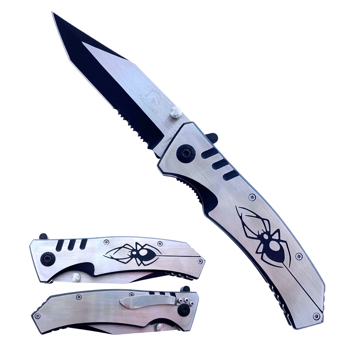3" Silver w Black Trim Spider Handle & Blade / Assisted Knif