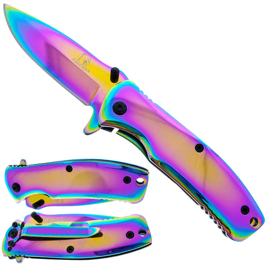 2 34" Thumb Stud Folding Knife with rainbowith blade and handle