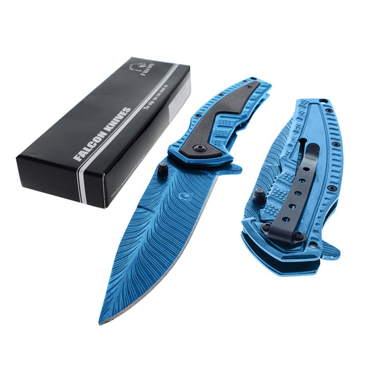 Falcon 8.5" Blue Spring Assisted Pocket Knife Engraved Blade