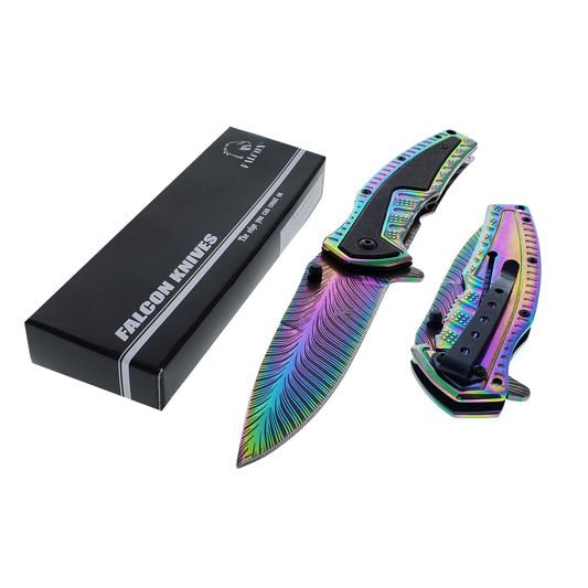 Falcon 8.5" Rainbow Spring Assisted Pocket Knife Engraved Blade