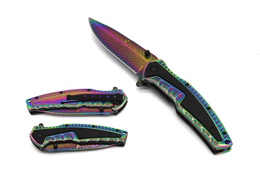 Falcon 8.5" Rainbow Spring Assisted Pocket Knife Engraved Blade