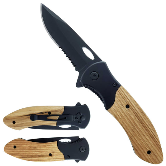 3 1/2" Spring Assisted Pocket Knife with half serrated black coated blade