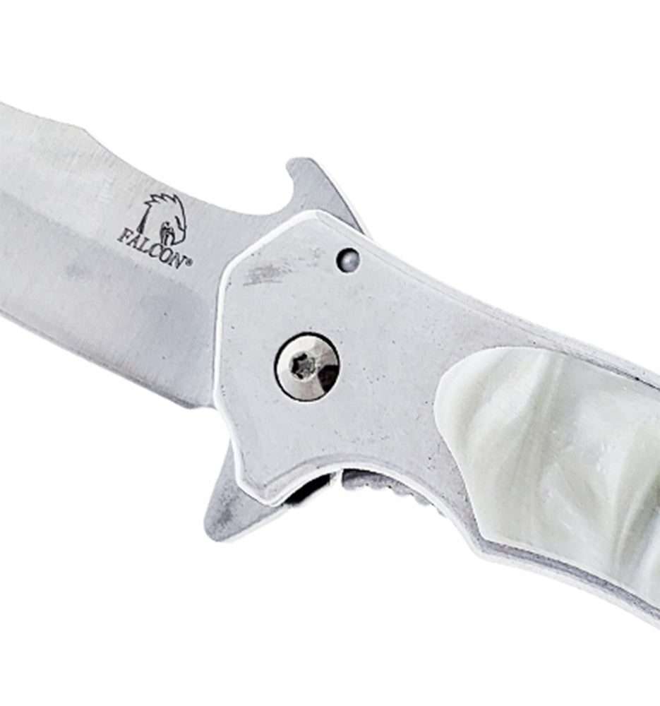 Falcon 8.25" Spring Assisted Pocket Knife White Acrylic Handle w/ Belt Clip