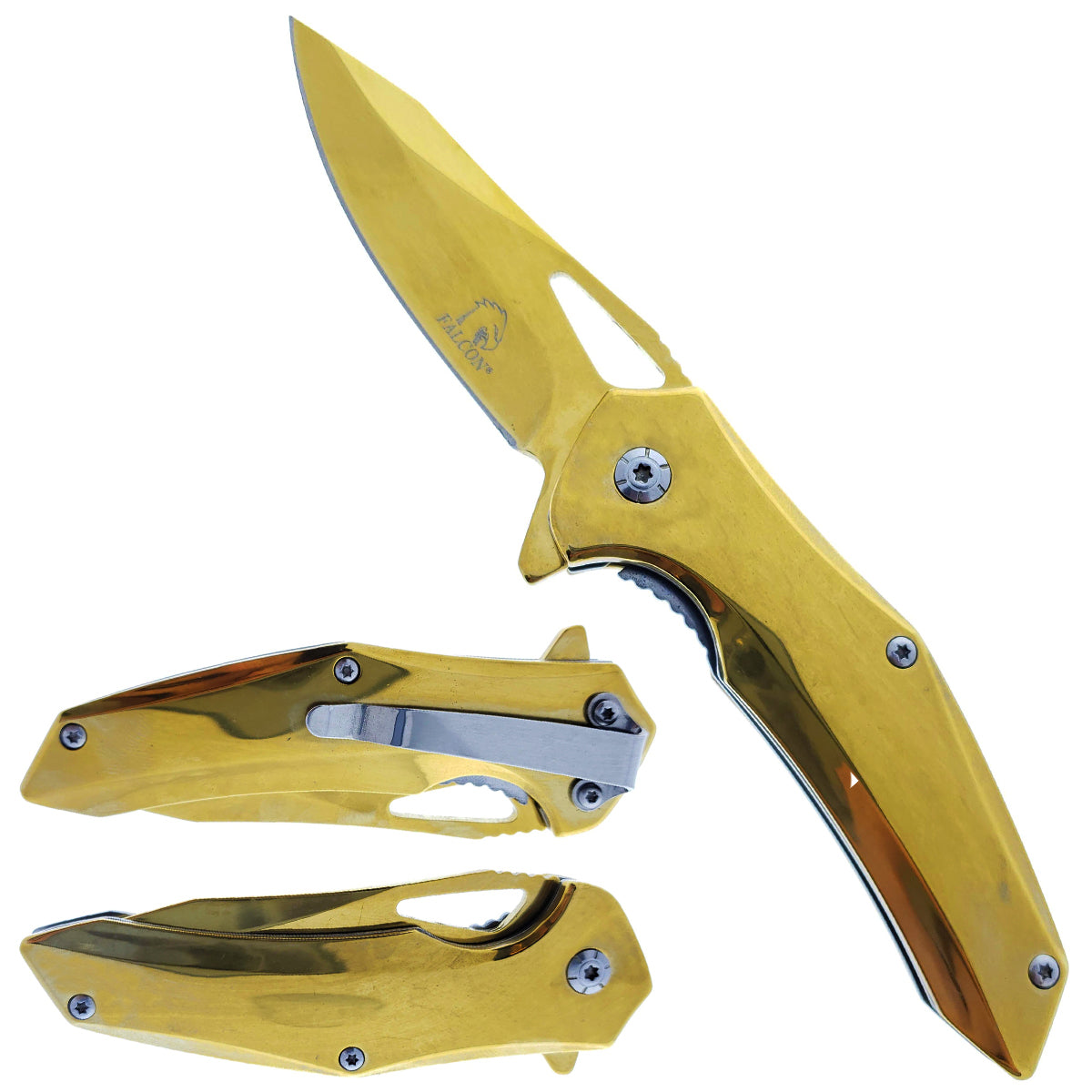 Falcon 6" Overall Gold Spring Assisted Knife w/Belt Clip