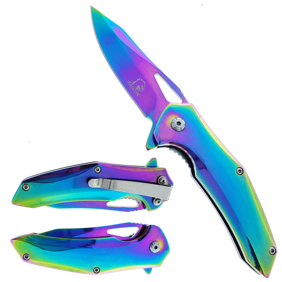 Falcon 6" Overall Rainbow Spring Assisted Knife w/Belt Clip