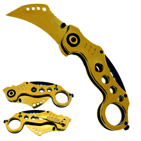 Falcon 7.5" Overall Gold Spring Assisted Karambit Knife