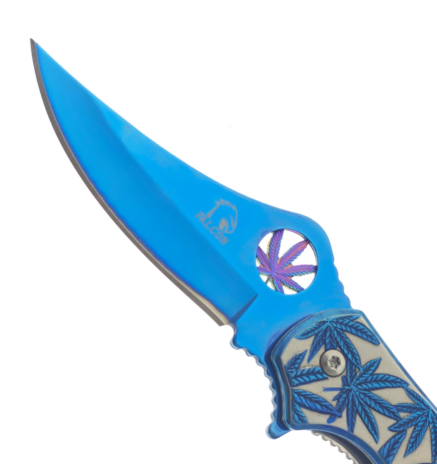 Falcon 7.5" Spring Assisted Knife w/ Blue ABS Marijuana Design