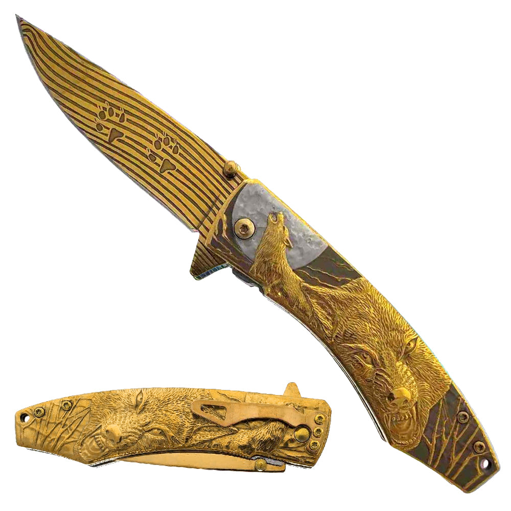 7.75" Gold Spring Assisted Knife w/Gold Wolf