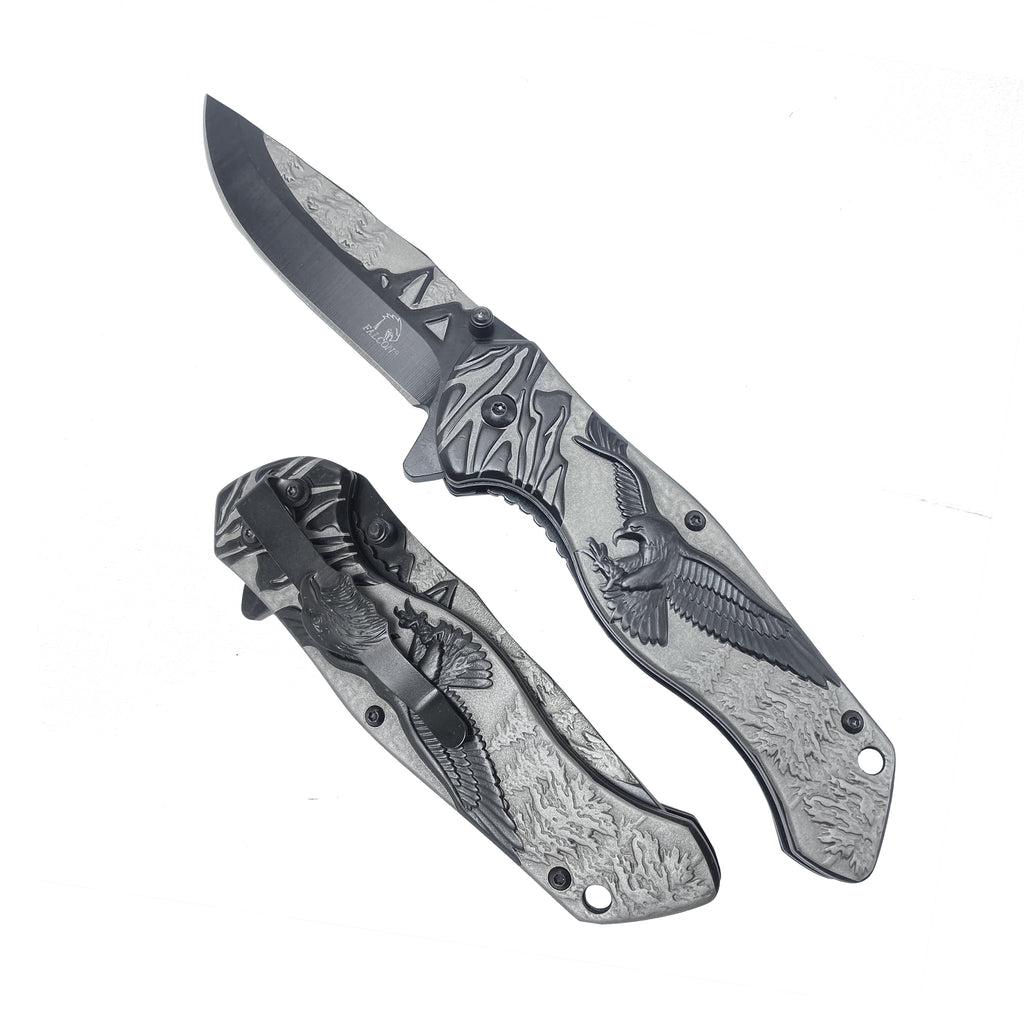 8-Inch Spring-Assisted Knife, Gray & Black Eagle Design | KS3778BK