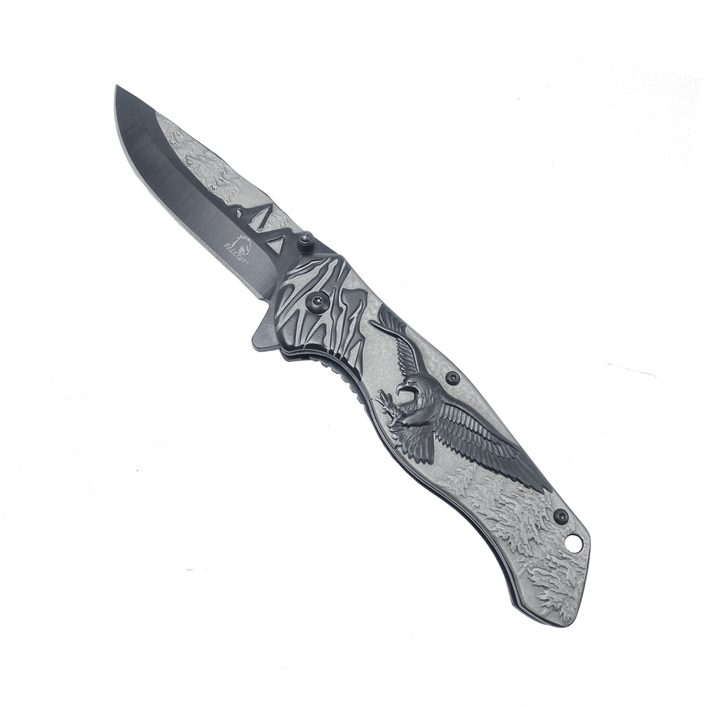 8-Inch Spring-Assisted Knife, Gray & Black Eagle Design | KS3778BK