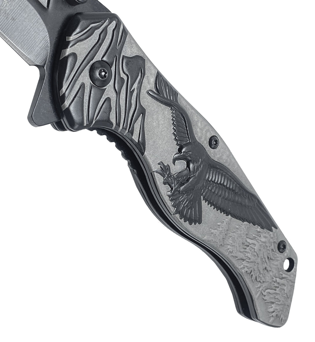 8-Inch Spring-Assisted Knife, Gray & Black Eagle Design | KS3778BK