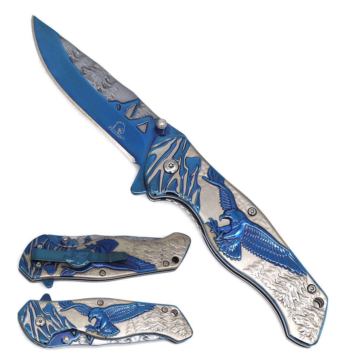 8 1/4" Overall Knife w Silver/Blue Eagle Design