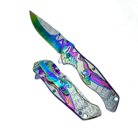 8 1/4" Overall Knife w Silver/Rainbow Eagle Design