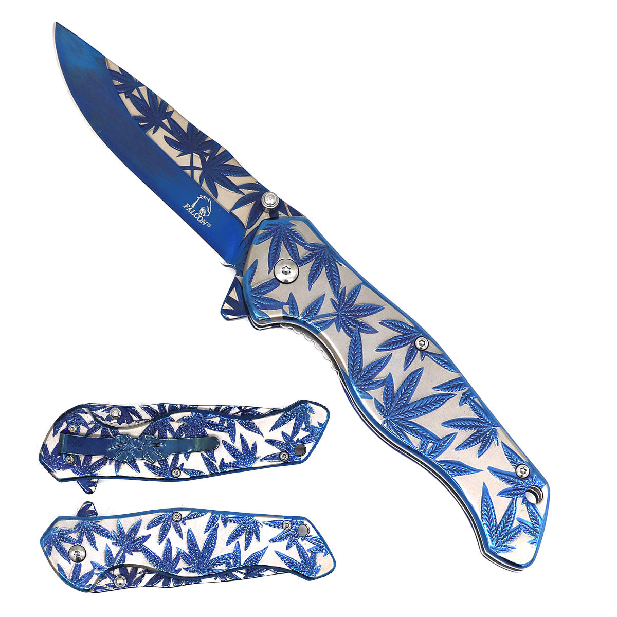 8" Overall Knife w Blue Marijuana Design