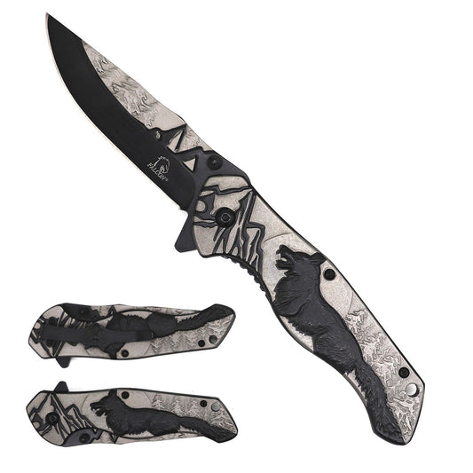 Falcon 8 1/4" Overall Knife w Grey/Black Wolf Design