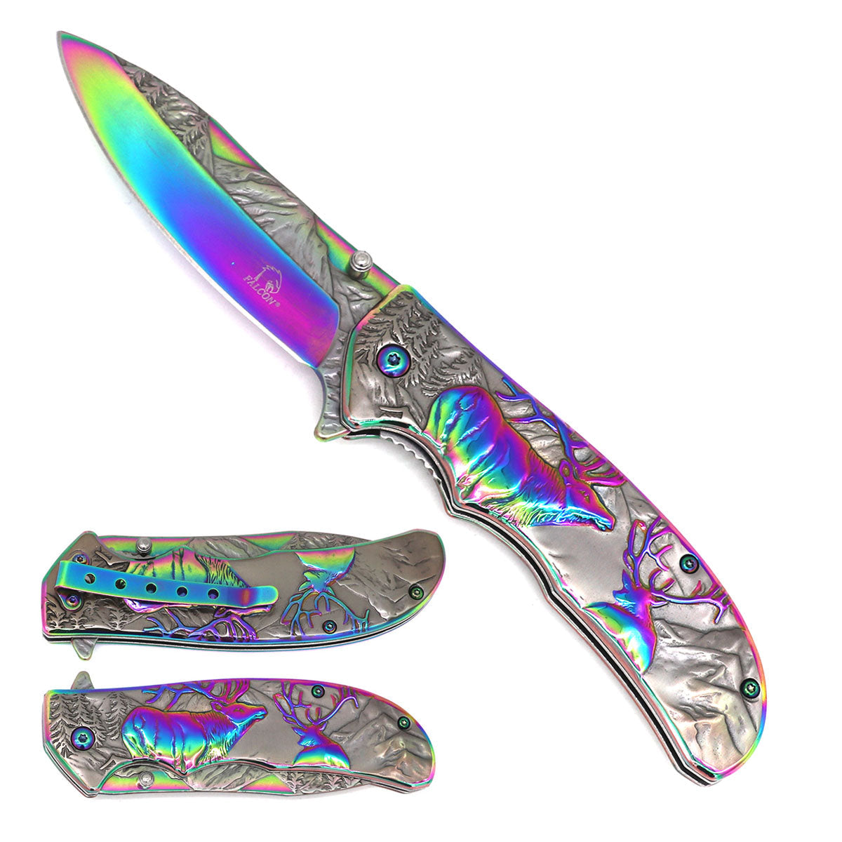 Falcon 8 1/4" Overall Knife w Grey/Rainbow Deer Design
