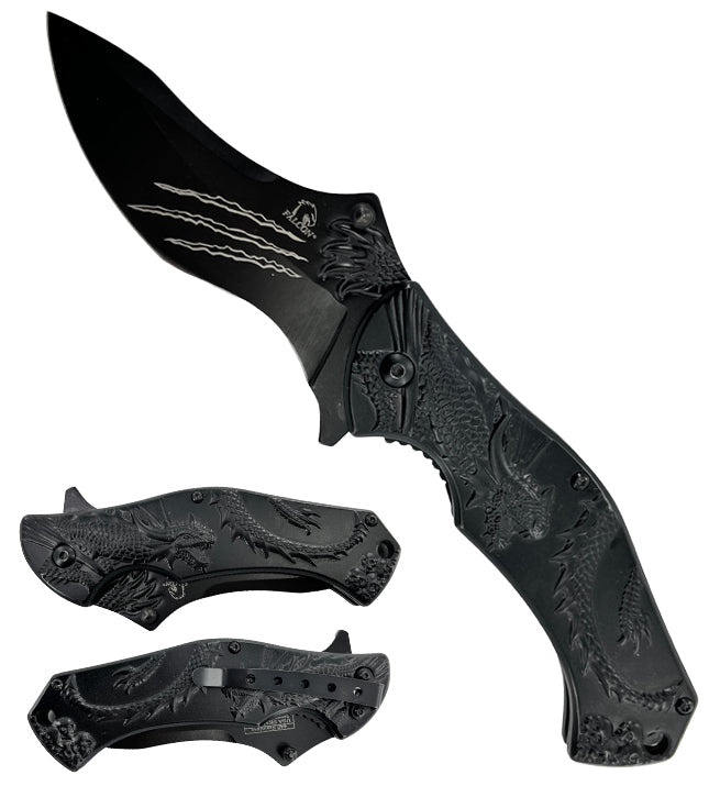 Falcon 7.75" Black Semi Automatic Dragon Folding Knife