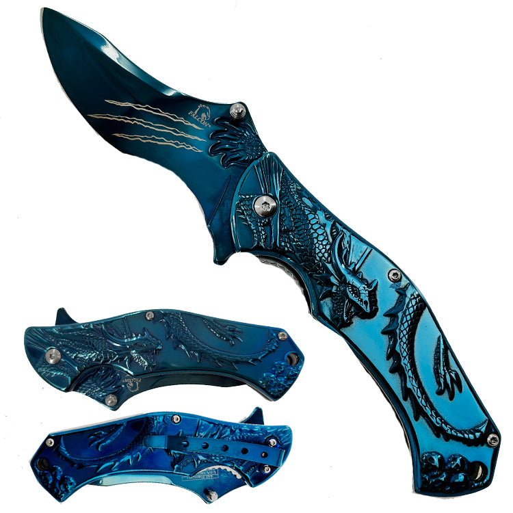 Falcon 7.75" Blue Semi Automatic Dragon Pocket Knife