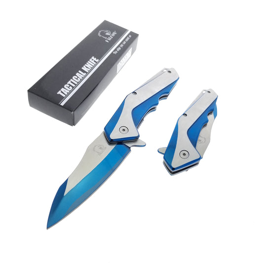 Falcon 8" Blue and Silver Spring Assisted Pocket Knife