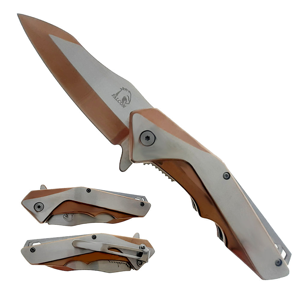 Falcon 8" Rose Gold and Silver Spring Assisted Pocket Knife