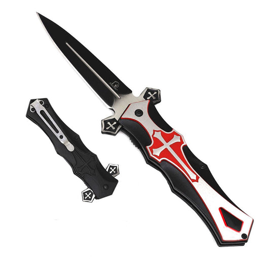 Falcon 9" Spring Assisted Knife with cross Black Silver Red