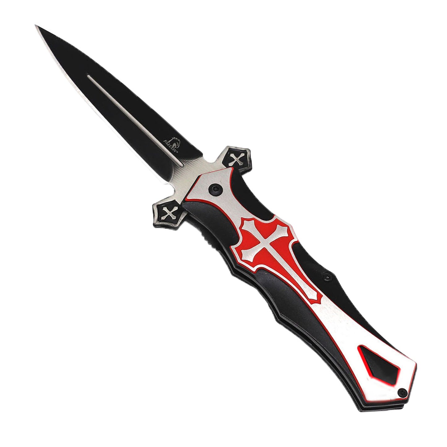 Falcon 9" Spring Assisted Knife with cross Black Silver Red