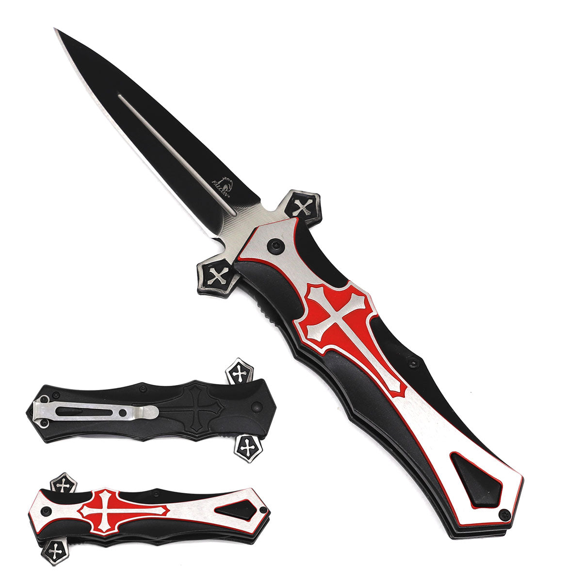 Falcon 9" Spring Assisted Knife with cross Black Silver Red