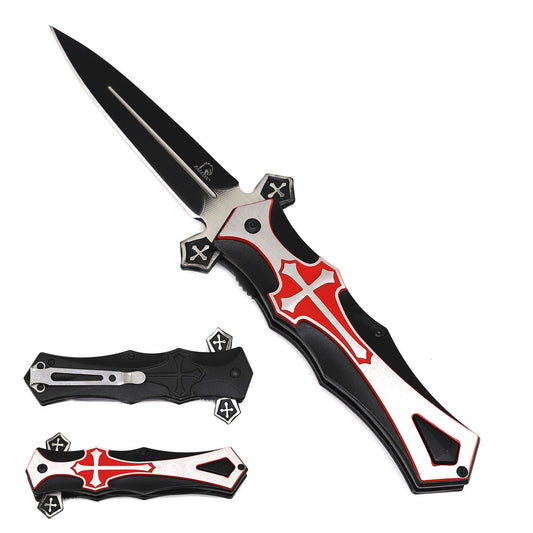 Falcon 9" Spring Assisted Knife with cross Black Silver Red