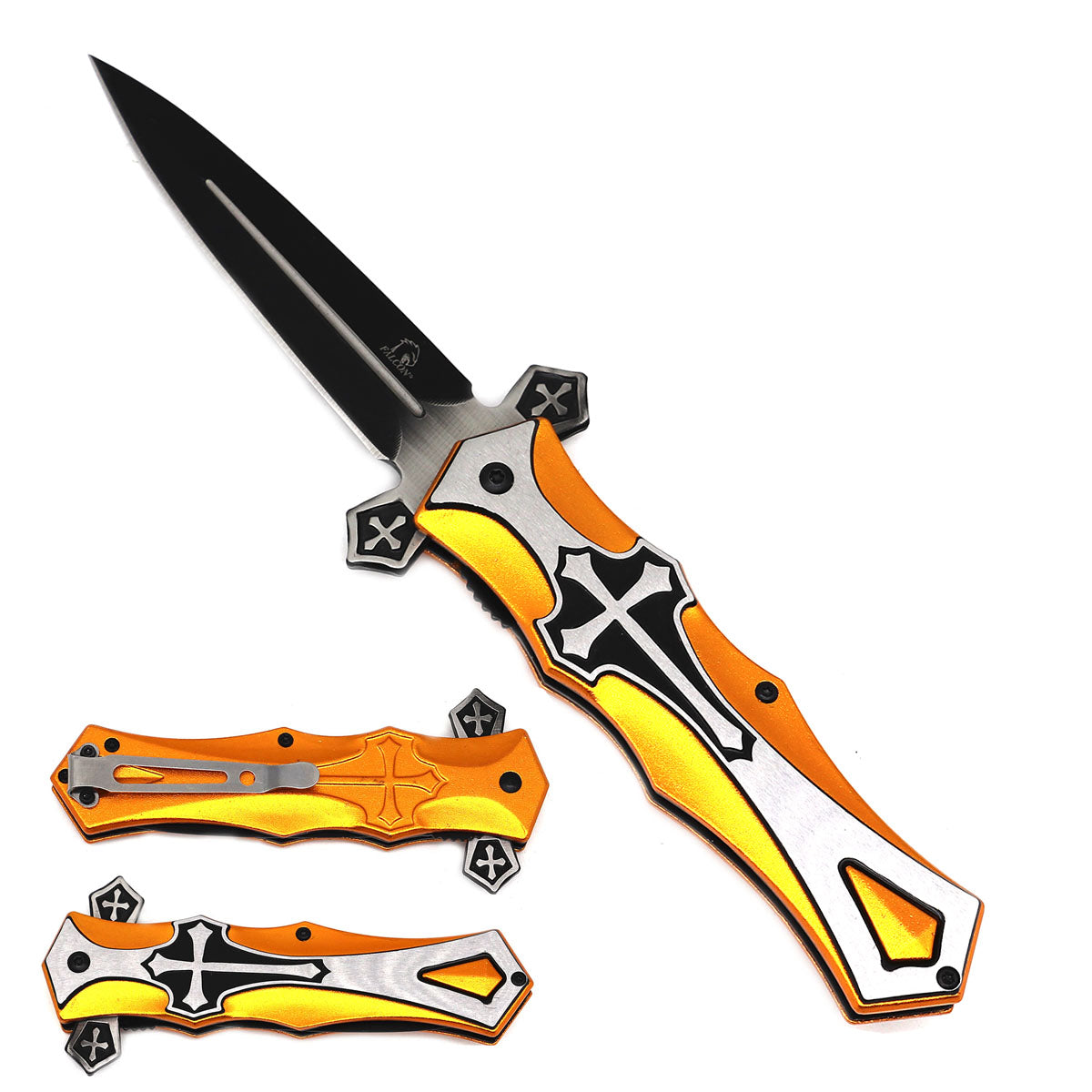 Falcon 9" Spring Assisted Knife with cross Silver Black Yellow