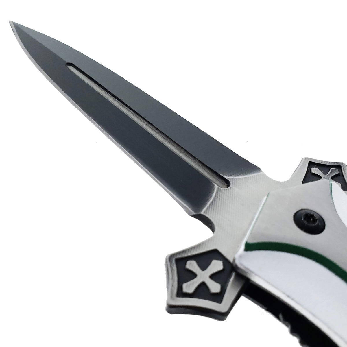 9" Spring Assisted Knife with cross Silver Green