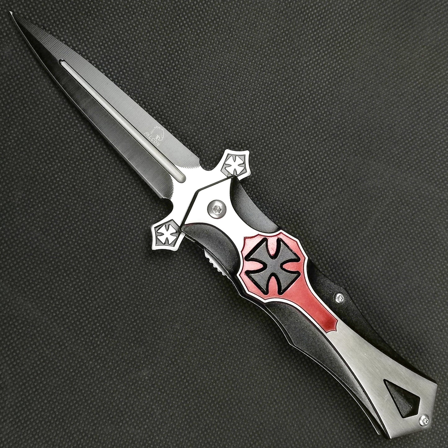 Falcon 8 1/2" Black & Red Cross Blade Spring Assisted Knife