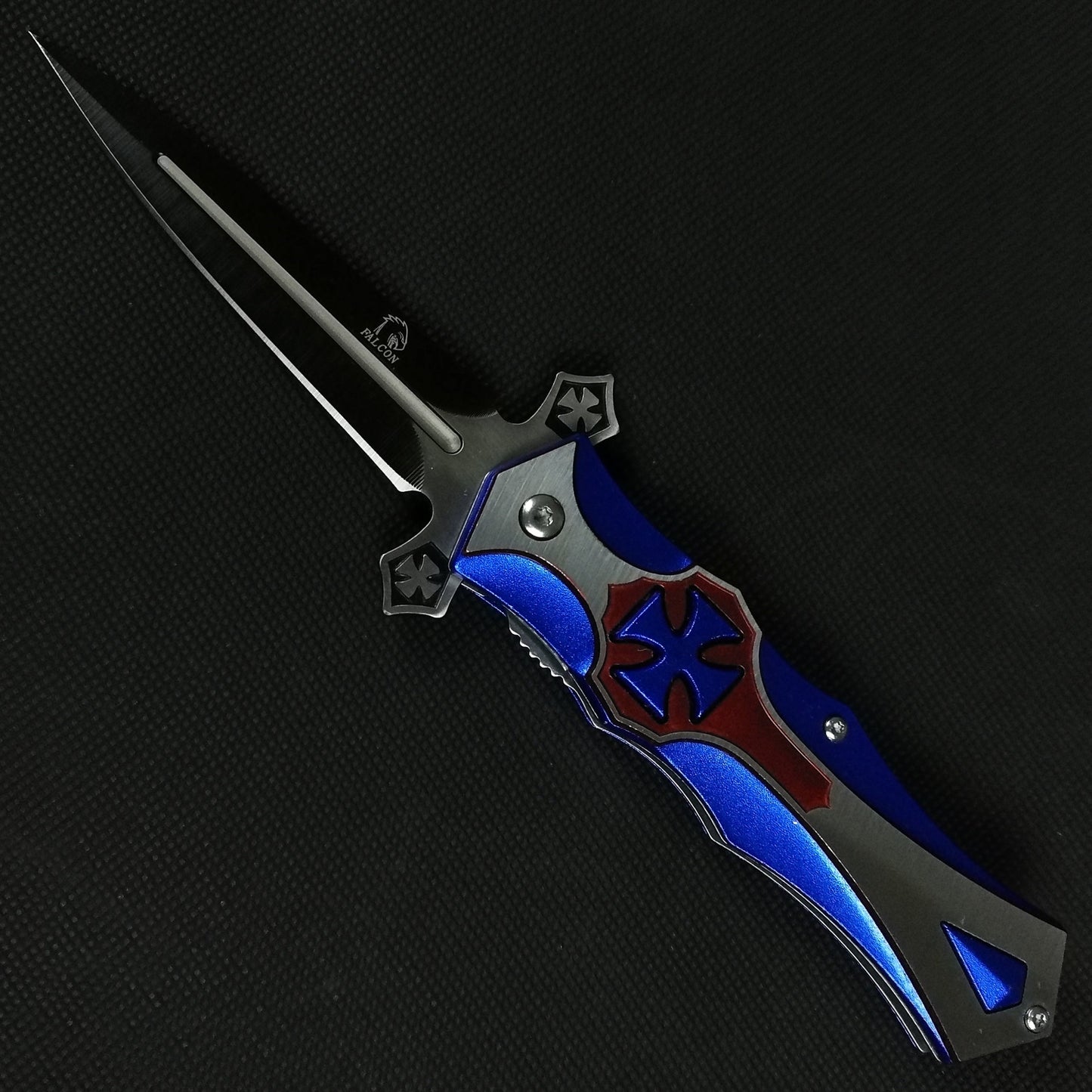 Falcon 8 1/2" Blue & Red Cross Blade Spring Assisted Knife