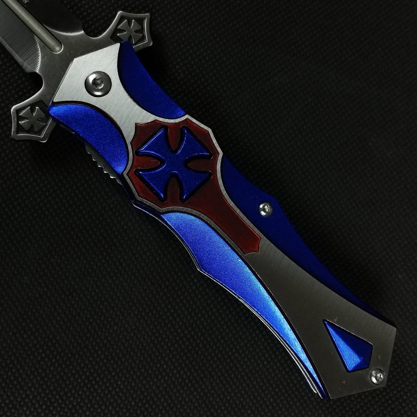 Falcon 8 1/2" Blue & Red Cross Blade Spring Assisted Knife