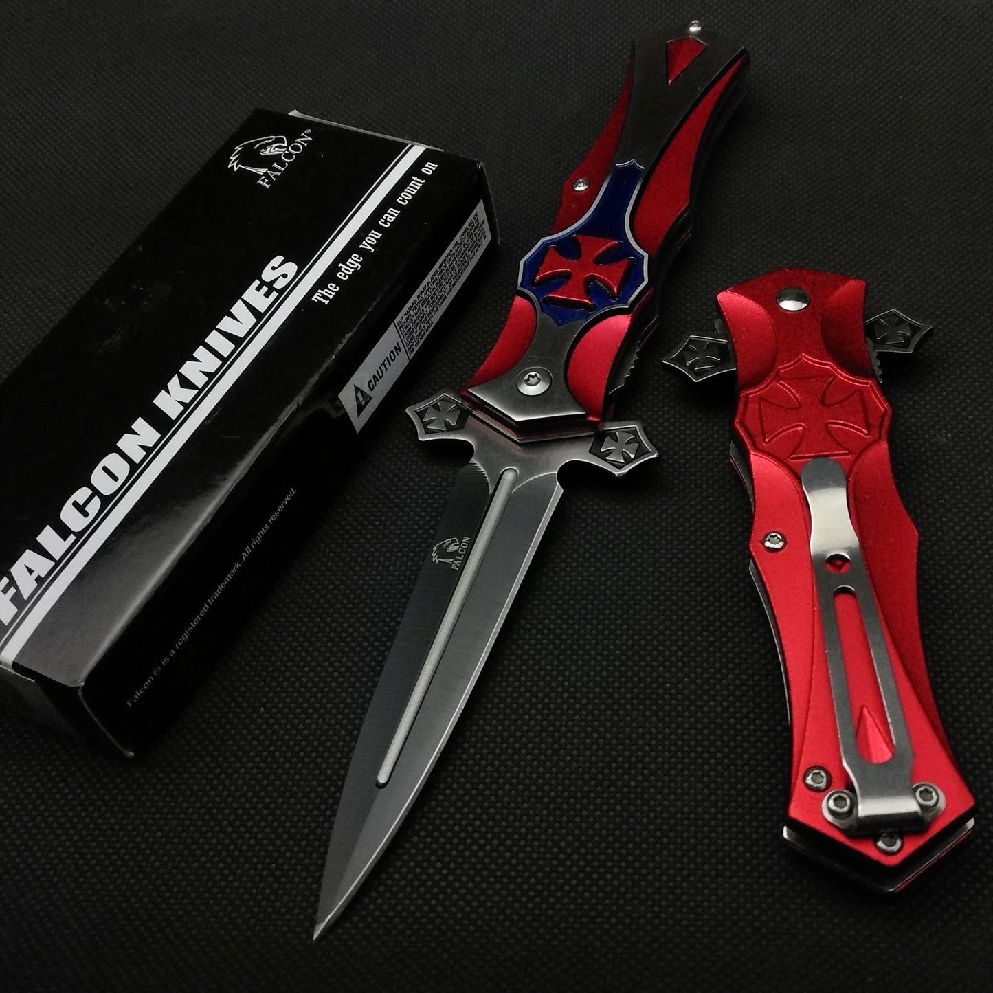 Falcon 8 1/2" Red and Blue Cross Blade Spring Assisted Knife