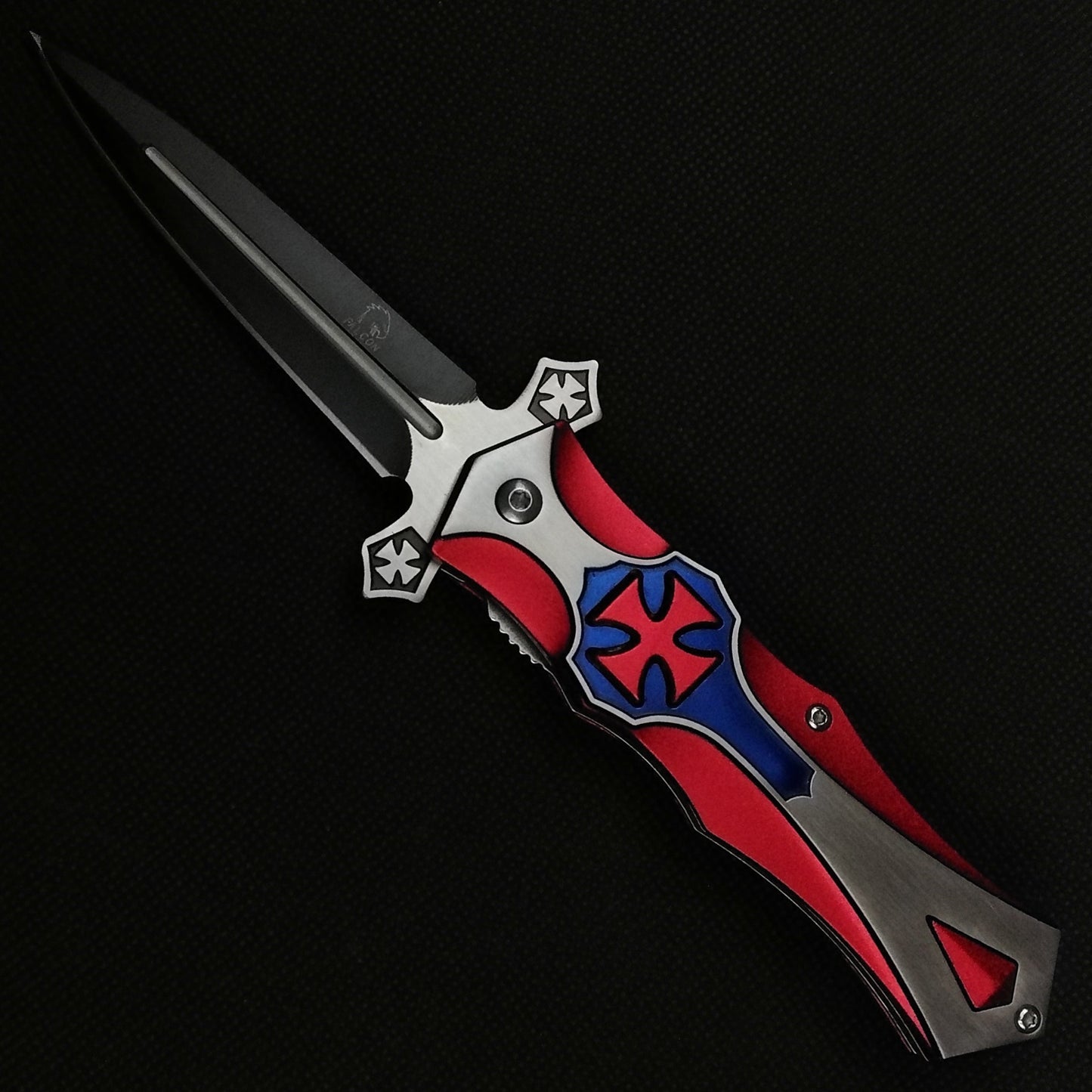 Falcon 8 1/2" Red and Blue Cross Blade Spring Assisted Knife