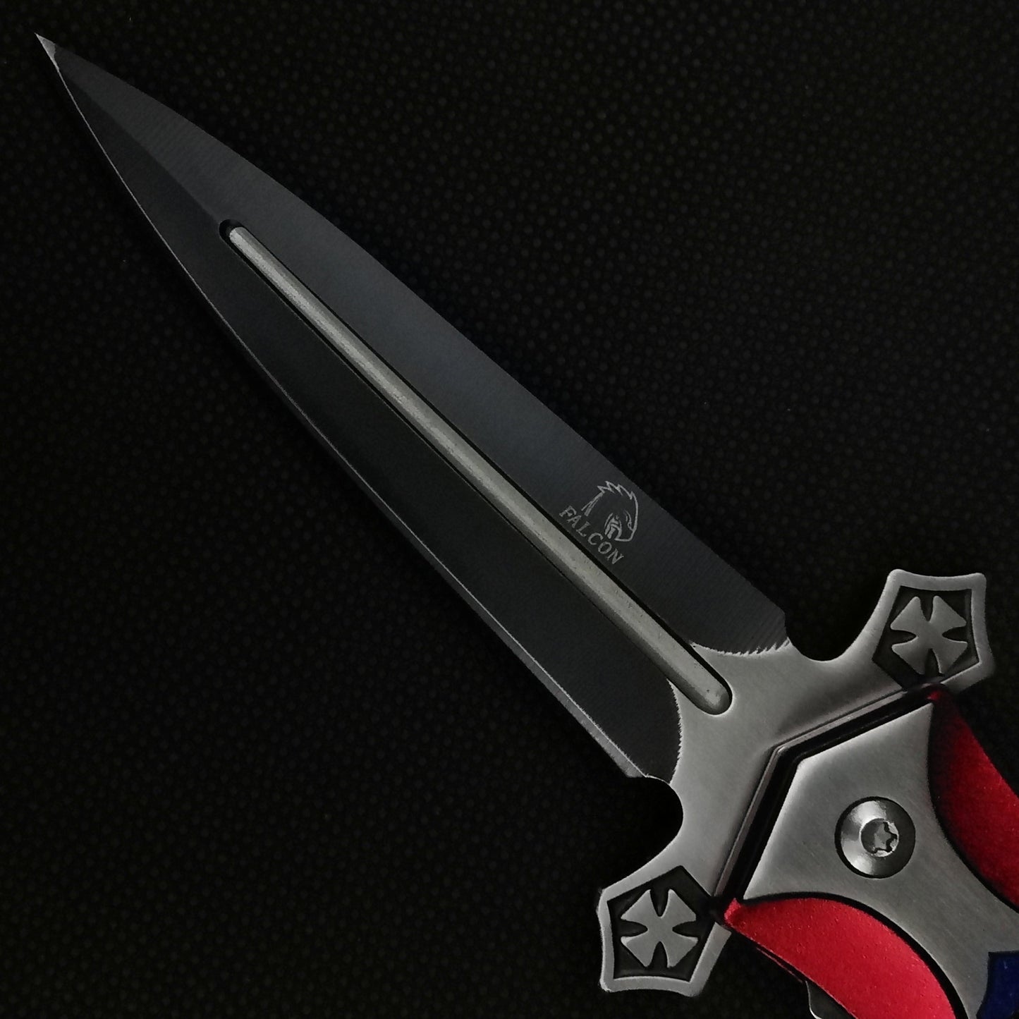 Falcon 8 1/2" Red and Blue Cross Blade Spring Assisted Knife