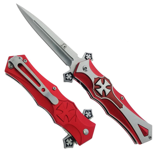 Falcon 8 1/2" Chrome Cross Blade Spring Assisted Knife - Red