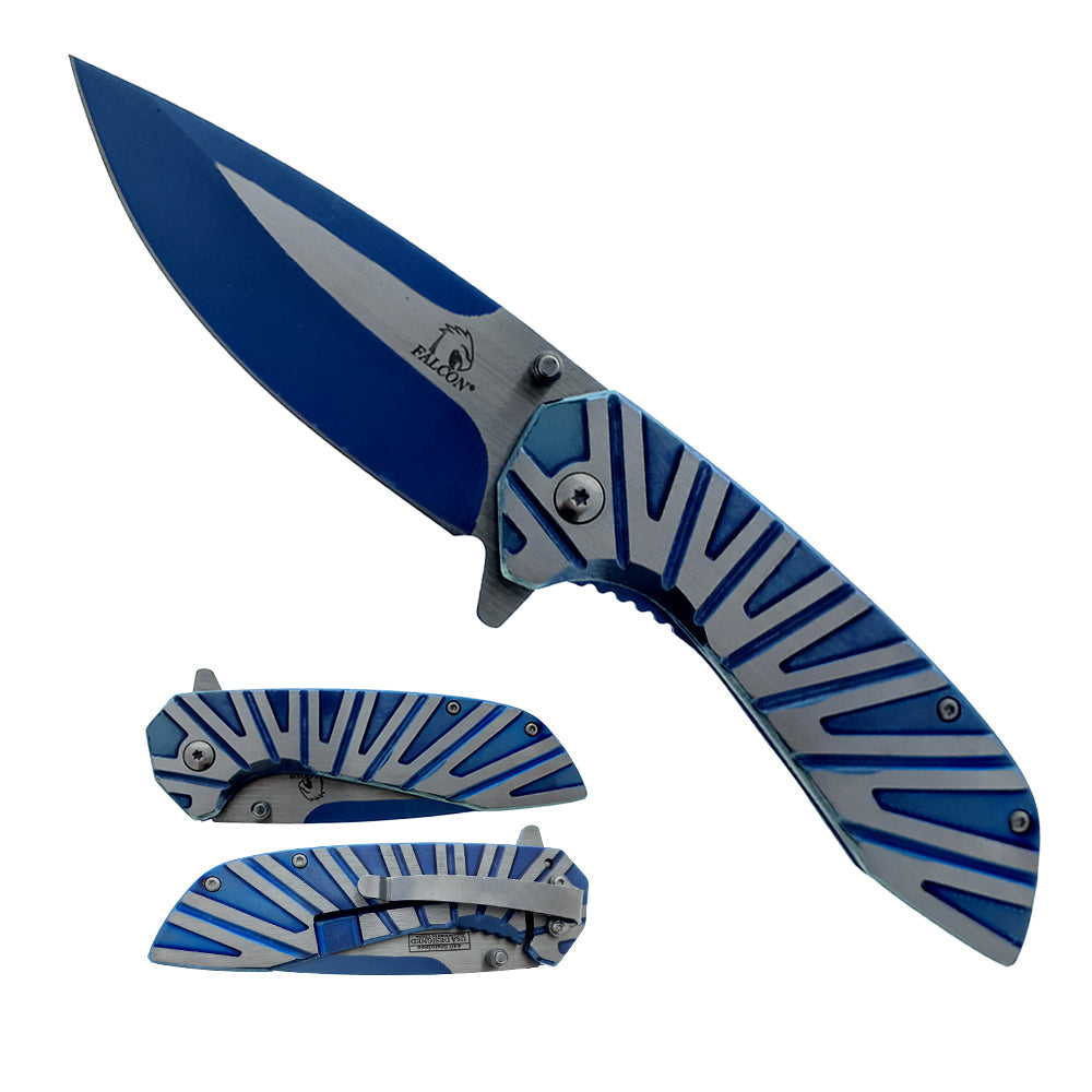 Falcon Pocket Knife Blue & Silver Steel Handle - 3" Blue & Silver Blade, 4.75"