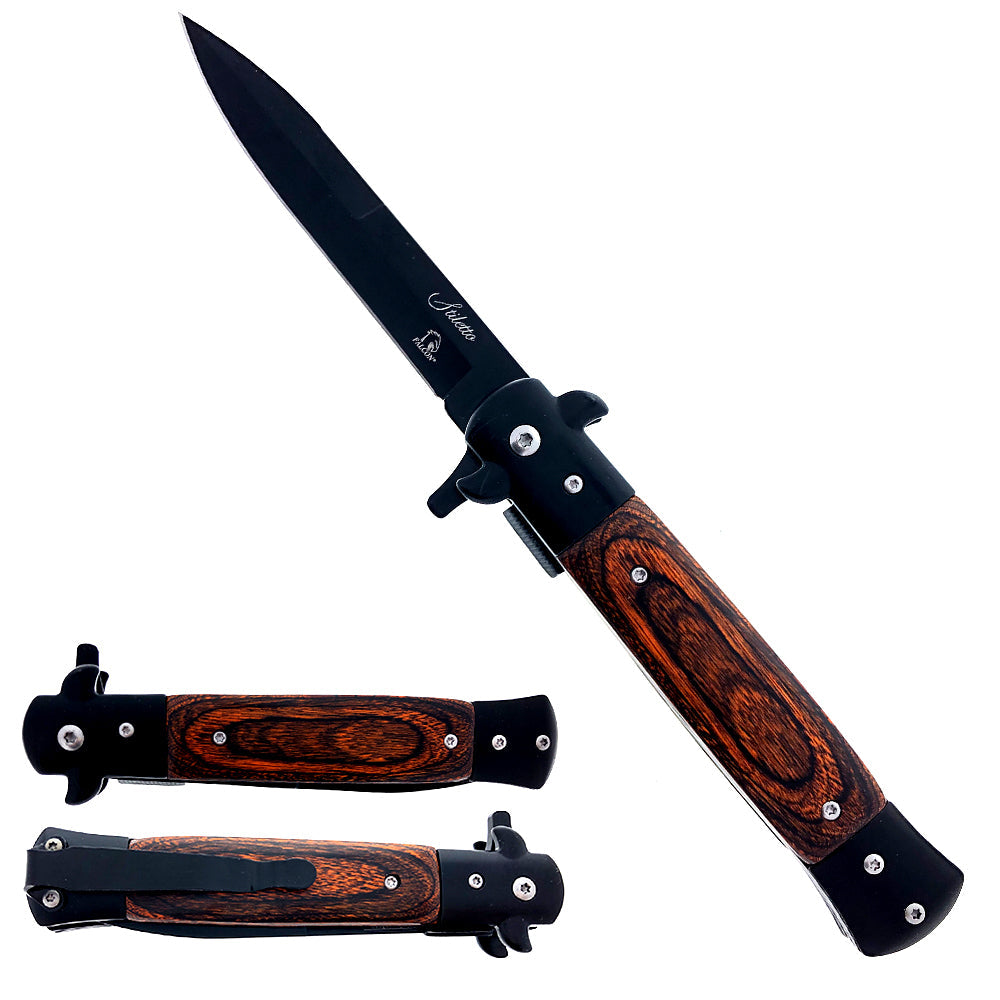 Falcon 9" Spring Assisted Stiletto Knife w/ faux Wood Acrylic handle.