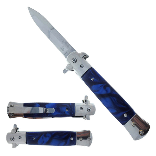 Falcon 9" Spring Assisted Stiletto Knife w/ Blue Acrylic handle.